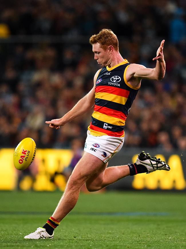 Crows Tom Lynch kicks the ball in  Showdown 46 at Adelaide Oval. Pictrture: Daniel Kalisz/Getty