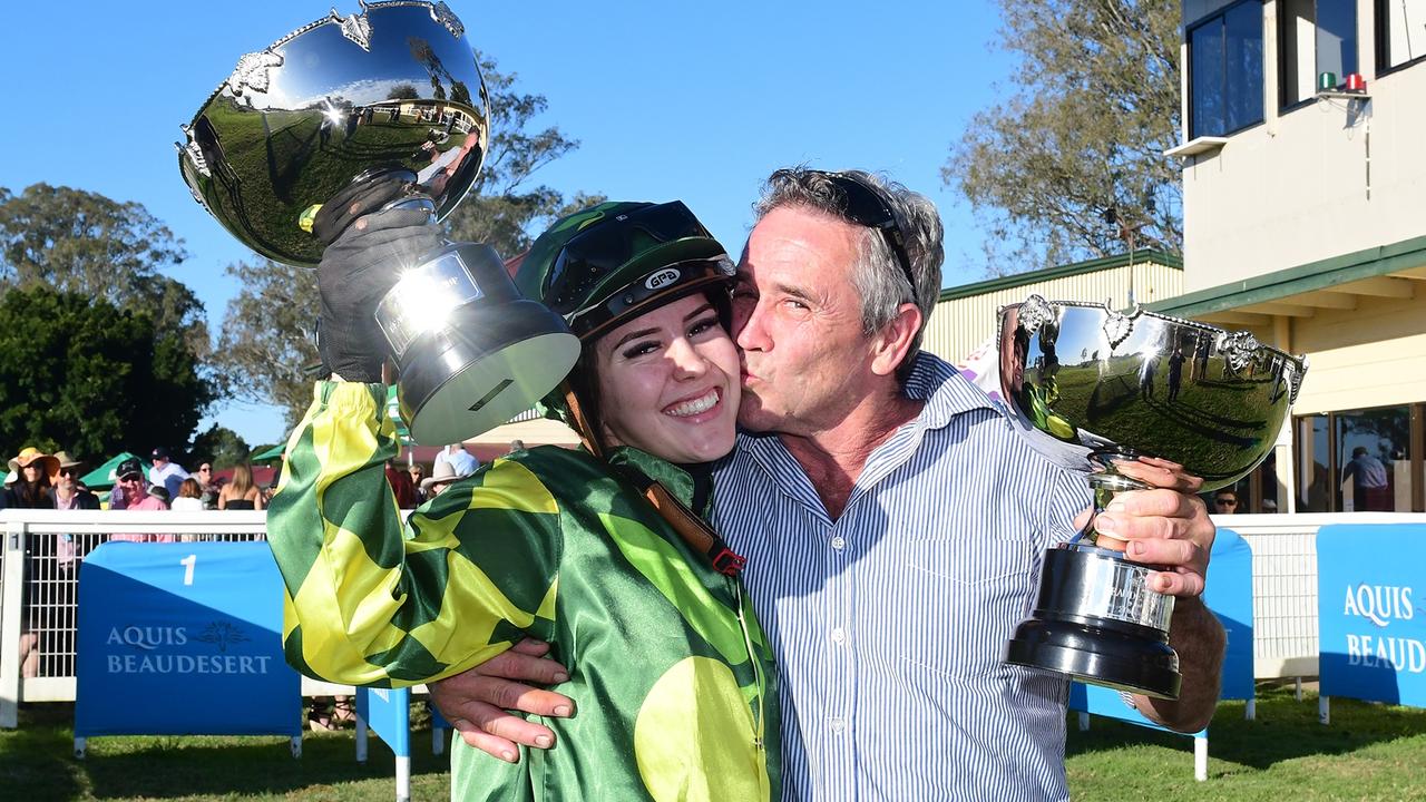 Jasmine and Greg Cornish celebrate winning the Beaudesert Cup together. Picture: Grant Peters, Trackside Photography