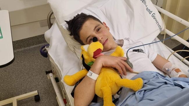 Doctors at Townsville Hospital have removed a tumour and cyst the size of a tennis ball in 13-year-old Jett Dow's brain. Picture: Supplied