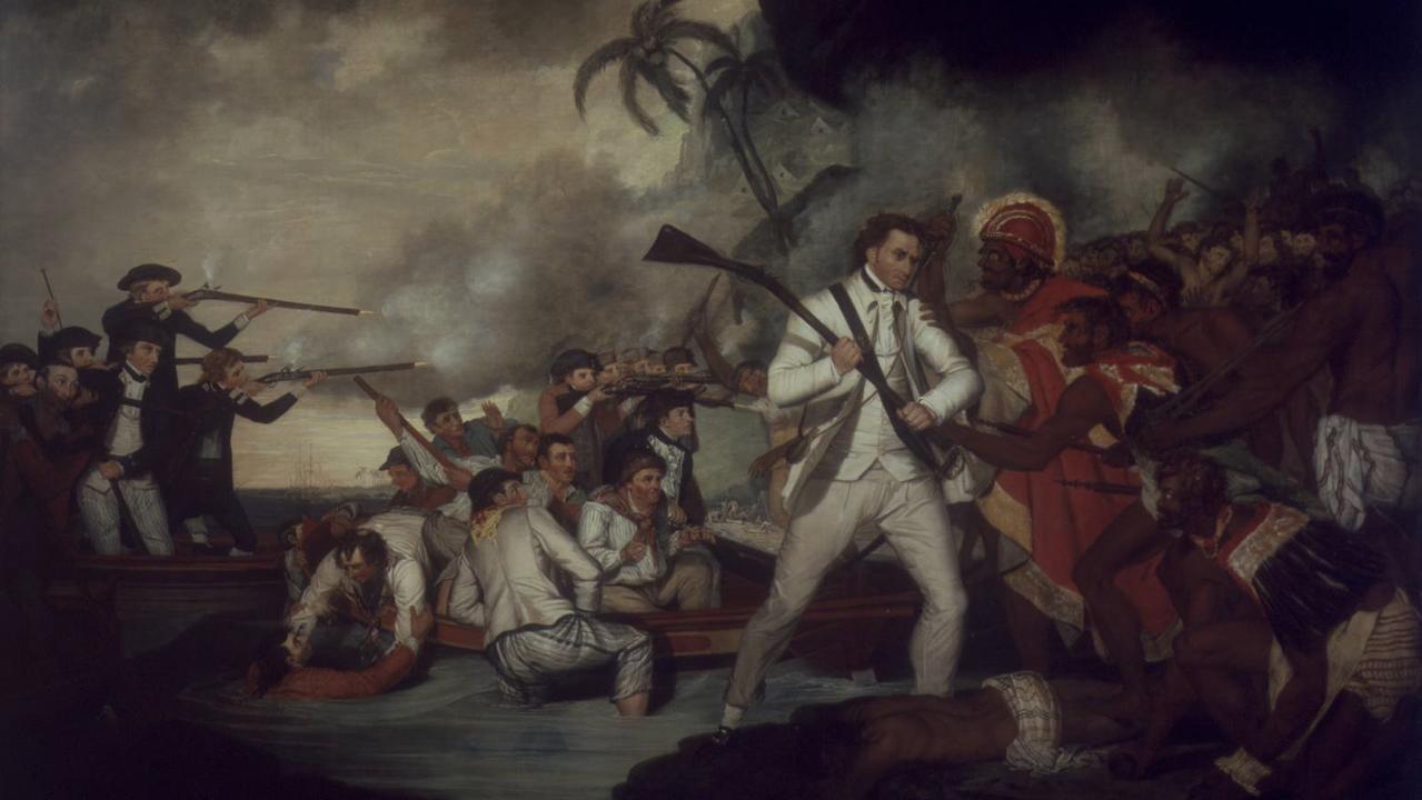Art - "Death of Captain Cook" by George Carter depicting Captain James Cook being killed by natives in Hawaii in 1779.  /Artists/Carter
