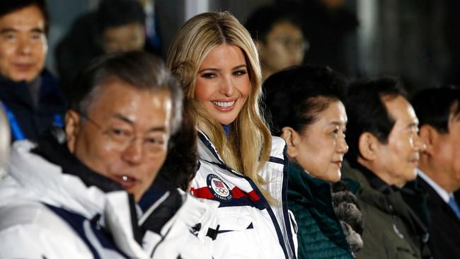 South Korea's President Moon Jae-in and US President's daughter and senior White House adviser Ivanka Trump attend the closing ceremony of the Pyeongchang 2018 Winter Olympic Games at the Pyeongchang Stadium on February 25, 2018. / AFP PHOTO / Patrick Semansky