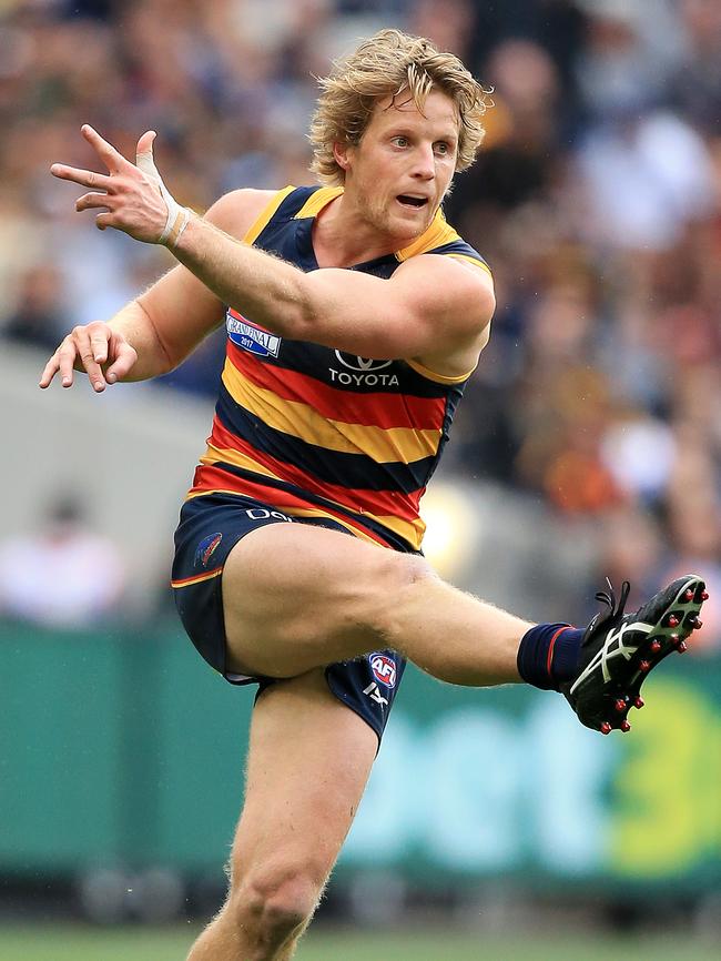 Rory Sloane kicks long during the Crows’ AFL grand final loss to Richmond. Picture: Mark Stewart