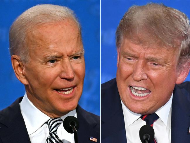 (COMBO) In this file combination of pictures created on September 29, 2020 Democratic Presidential candidate and former US Vice President Joe Biden (L) and US President Donald Trump speak during the first presidential debate at the Case Western Reserve University and Cleveland Clinic in Cleveland, Ohio. - The presidential debate between Democratic Presidential candidate and former US Vice President Joe Biden and US President Donald Trump scheduled for October 15 has been cancelled by the Commission on Presidential Debates, US media reported on October 9, 2020. (Photos by JIM WATSON and SAUL LOEB / AFP)