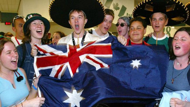 World Youth Day pilgrims from Australia celebrate as they arrive at Toronto in 2002. Picture: Kevin Frayer/AP