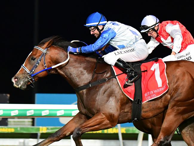 Thunder Mania winning at Caloundra for co-trainers John Symons and Sheila Laxon. Picture: Trackside Photography