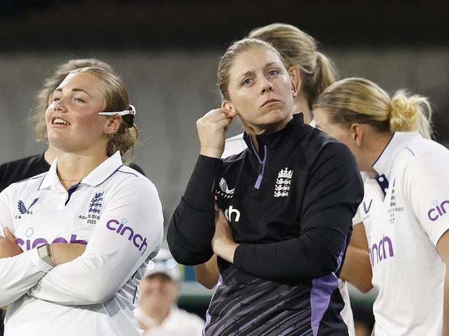 Heather Knight looks dejected after England’s shameful whitewash defeat. Picture: Getty