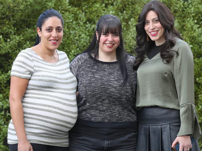 Sisters L to R Elly Sapper, Dassi Erlich and Nicole Meyer at a press conference. Federal Labor MP Josh Burns will join Victorian State Liberal MP David Southwick, former Victorian Premier Ted Baillieu AO and alleged child sexual abuse victim Dassi Erlich in Melbourne today for a bipartisan doorstop on the news Malka Leifer has been declared fit by an Israeli court to face extradition to Australia. Wednesday, May 27, 2020. Picture: David Crosling