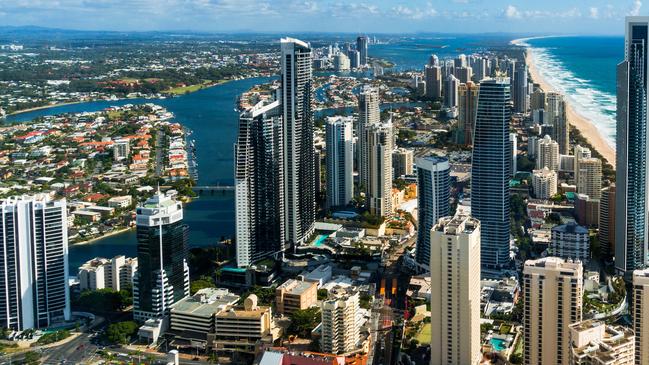 Australia, Gold Coast aerial photo: city centre and beach. Surfers Paradise is major resort town and holiday destination in Australia,