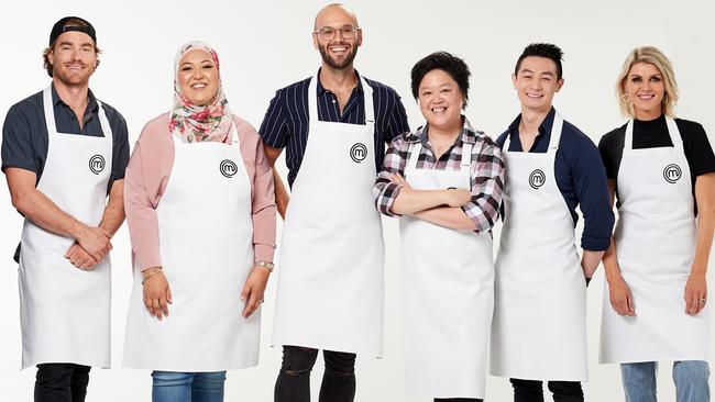 Courtney Roulston (right) with fellow MasterChef NSW contestants (from left) Hayden Quinn, Amina Elshafei, Reece Hignell, Sarah Tiong, Reynold Poernomo.