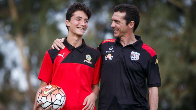 Adelaide United coach Guillermo Amor shares a joke with his son Guillermo Jr. Picture: MATT TURNER