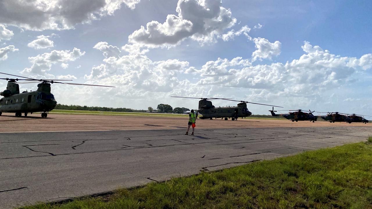 Two Chinooks and three MRH90 helicopters from the Australian Army’s 5th Aviation Regiment made a brief stop at RAAF Base Tindal in the Northern Territory while transiting to flood recovery efforts in Western Australia. Picture: Defence