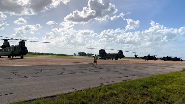 Two Chinooks and three MRH90 helicopters from the Australian Army’s 5th Aviation Regiment made a brief stop at RAAF Base Tindal in the Northern Territory while transiting to flood recovery efforts in Western Australia. Picture: Defence