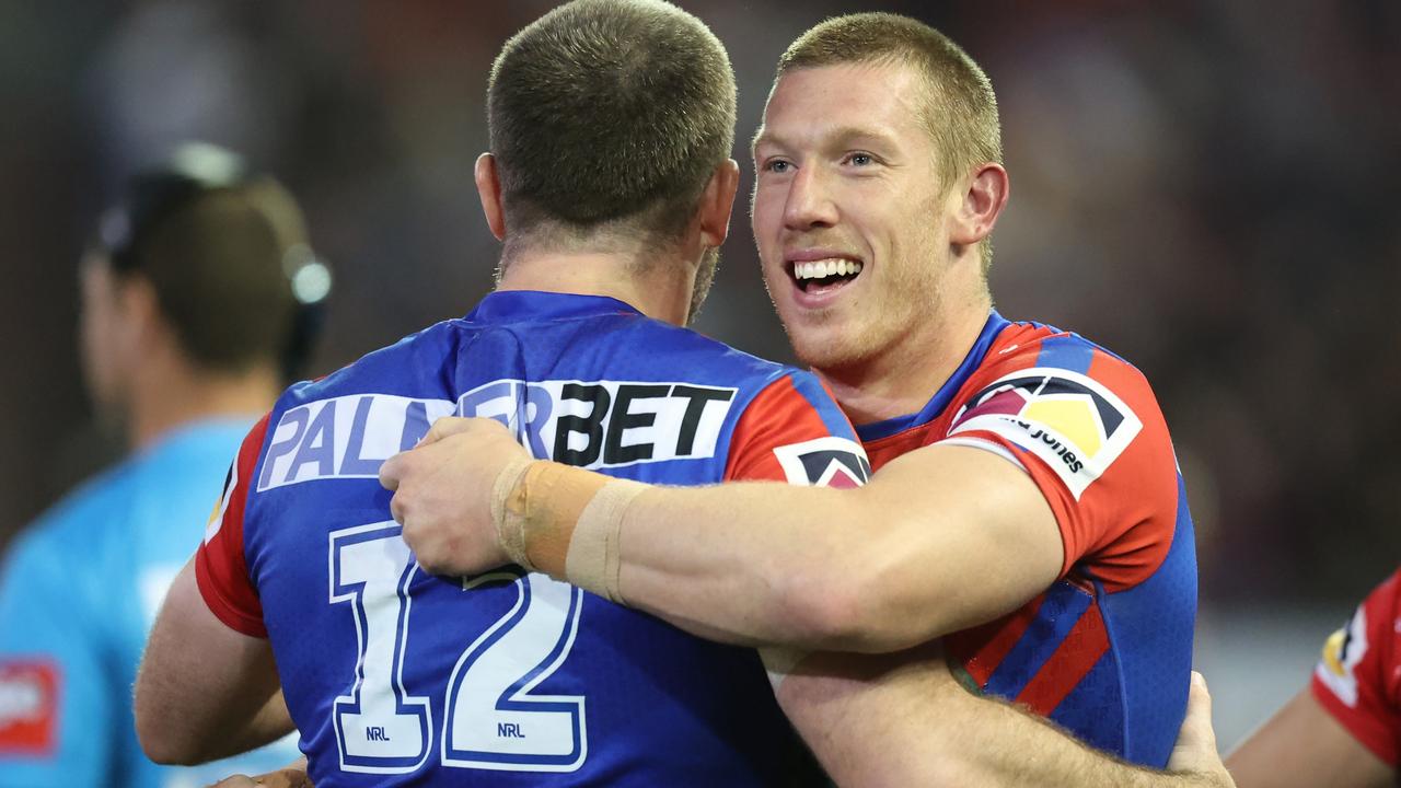 The Knights celebrate an important win over Manly. (Photo by Scott Gardiner/Getty Images)