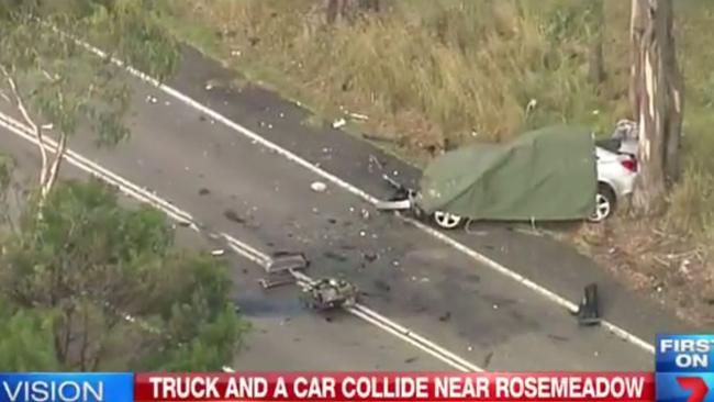 Appin Road: Car and truck collision. Driver of car dead. Picture: Channel 7 / Twitter