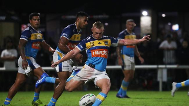 Gold Coast Titans halfback Tanah Boyd takes the kick-off during a pre-season trial against Burleigh Bears at Pizzey Park. February 20, 2021. Photo Jason O'Brien