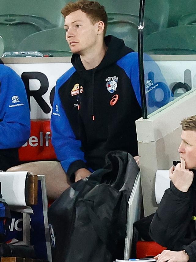 Tim O'Brien looks on after being subbed from the match with a hamstring injury. Picture: Getty Images