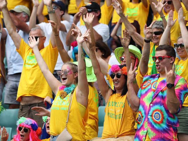 Australian fans celebrate during the HSBC World Rugby Women's Sevens Series at Allianz Stadium, Sydney. Picture: Brett Costello