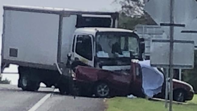 The truck and ute collided after the ute slid across the median strip into the truck's path, police say. Picture: Sophie Welsh