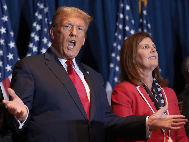 COLUMBIA, SOUTH CAROLINA - FEBRUARY 24: Republican presidential candidate and former President Donald Trump speaks during an election night watch party at the State Fairgrounds on February 24, 2024 in Columbia, South Carolina. South Carolina held its Republican primary today.   Win McNamee/Getty Images/AFP (Photo by WIN MCNAMEE / GETTY IMAGES NORTH AMERICA / Getty Images via AFP)