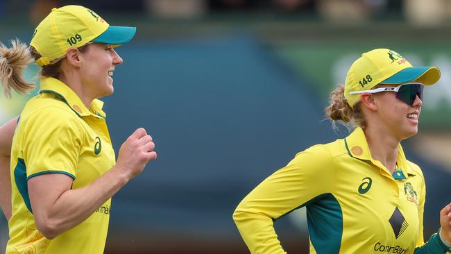 MELBOURNE, AUSTRALIA - OCTOBER 12: Ellyse Perry (Left) and Phoebe Litchfield of Australia (Right) during game two of the womens One Day International series between Australia and the West Indies at Junction Oval on October 12, 2023 in Melbourne, Australia. (Photo by Asanka Ratnayake/Getty Images)