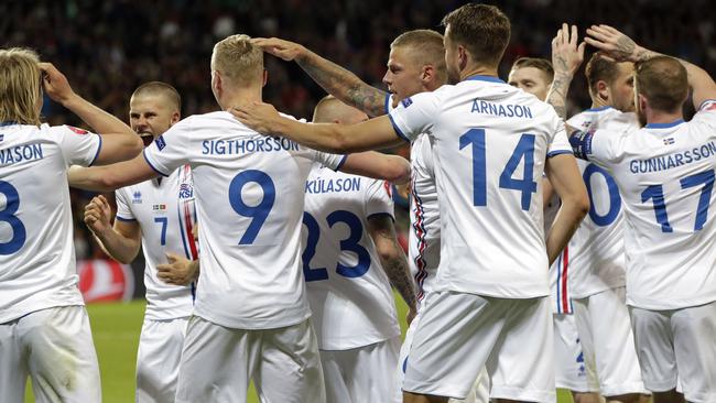 Iceland players celebrate after Birkir Bjarnason scored.