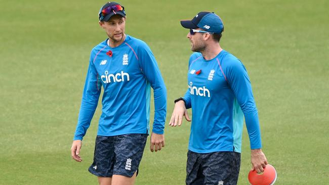 Joe Root, left, trains with the English Ashes squad on the Gold Coast. Picture: Getty Images