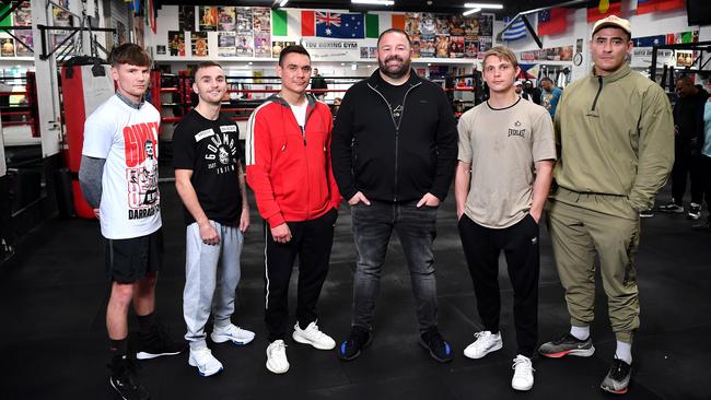 (From left) Darragh Foley, Sam Goodman, Tim Tszyu, No Limit Boxing chief executive George Rose, Nikita Tszyu and Jordan Simi. Picture: No Limit Boxing