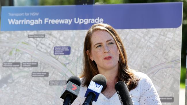 Felicity Wilson MP speaking in North Sydney ahead of the start of work on the Warringah Freeway upgrade, which paves the way for the future Western Harbour Tunnel and Beaches Link. Picture: Jonathan Ng