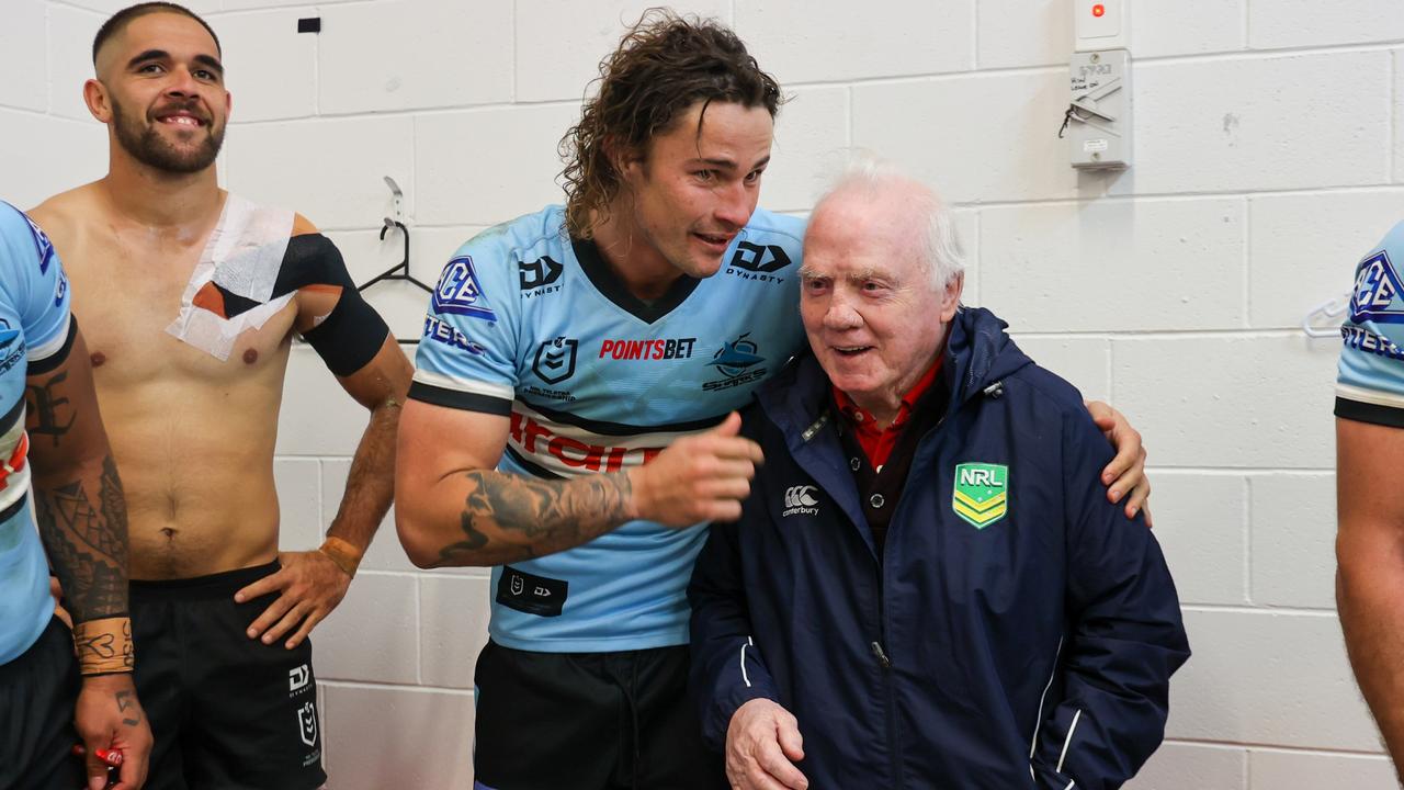 Nicho Hynes celebrating a Sharks win with legendary Cronulla halfback Tommy Bishop. Picture: Cronulla Sharks