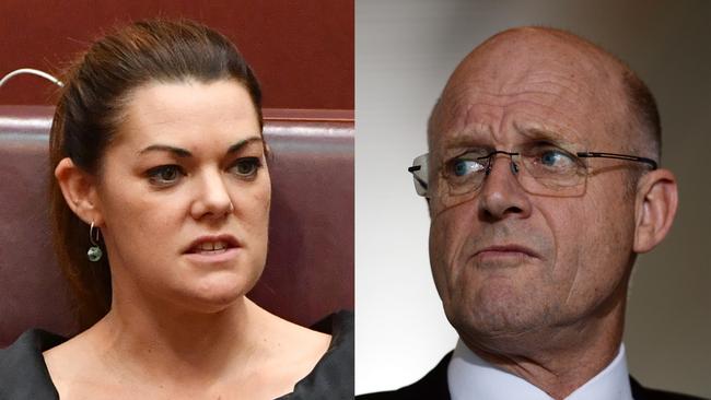 A comparison diptych generated on Wednesday, July 4, 2018 shows Greens Senator Sarah Hanson-Young during a debate on the Company Tax Bill in the Senate chamber at Parliament House in Canberra, Friday, March 31, 2017 (left), and Liberal Democrats senator David Leyonhjelm addressing the media during a press conference in the Mural Hall at Parliament House in Canberra, Friday, September 11, 2015. (AAP Image/Mick Tsikas, Sam Mooy) NO ARCHIVING