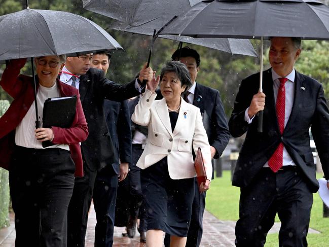 Japan's Defence Minister Minoru Kihara (2nd-R), Japan's Minister of Foreign Affairs Yoko Kamikawa (3th-R), Australia's Defence Minister Richard Marles (R) and Australia's Foreign Minister Penny Wong (L) walk to a press conference at the 11th Australia-Japan 2+2 Foreign and Defence Ministerial Consultation in Queenscliff on September 5, 2024. (Photo by William WEST / POOL / AFP)