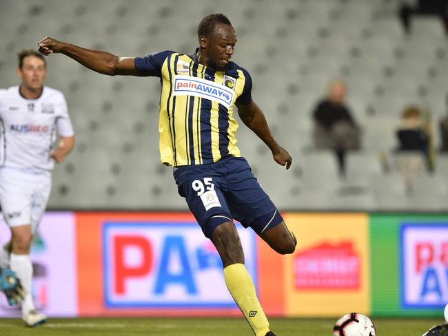 Usain Bolt in action for the Central Coast Mariners on Friday night. Picture: AFP