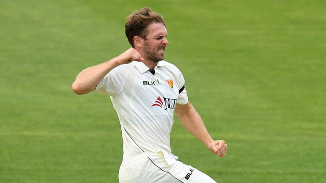 Hamish Kingston celebrates after dismissing Kurtis Patterson. Picture: AAP/Dave Hunt