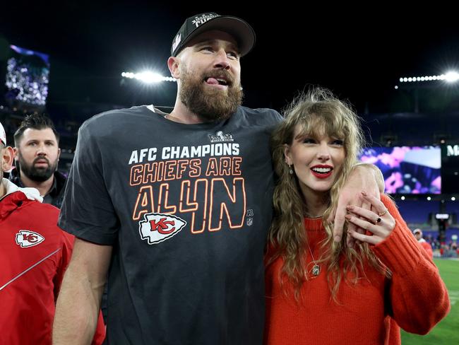 BALTIMORE, MARYLAND - JANUARY 28: Travis Kelce #87 of the Kansas City Chiefs celebrates with Taylor Swift after a 17-10 victory against the Baltimore Ravens in the AFC Championship Game at M&T Bank Stadium on January 28, 2024 in Baltimore, Maryland. (Photo by Patrick Smith/Getty Images)