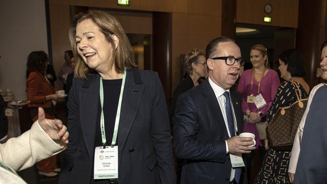 Australian Council of Trade Unions president Michele O'Neil with Qantas chief executive Alan Joyce in Canberra this week. Picture: Gary Ramage