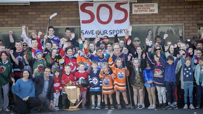 Ice Sports Tasmania President Anna Holliday and Labor party MLC Josh Willie (LHS) protesting the closure of the Glenorchy Ice Skating Rink. Picture: Chris Kidd