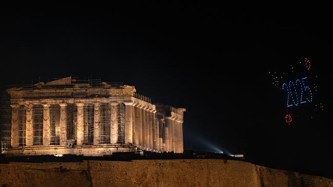 Drones forming a "2025" next to the ancient Parthenon temple atop the Acropolis during New Year celebrations in Athens. Picture: AFP