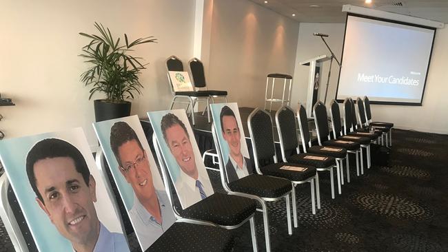 Cardboard cut-outs have been put in the place of Gold Coast election candidates who did not show up to a public meeting tonight. Photo: Lea Emery