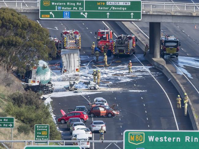 The chaotic scene on the Calder Freeway. Picture: Jason Edwards