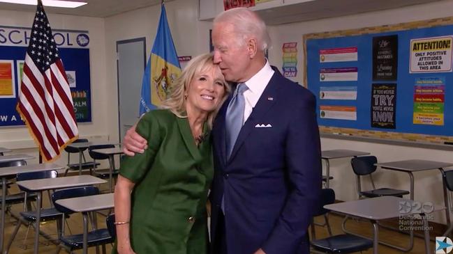 Jill and Joe Biden in Delaware during the second day of the Democratic National Convention. Picture: AFP