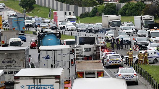 An accident on the Monash Freeway involving a semi-trailer and a police car Picture: Norm Oorloff