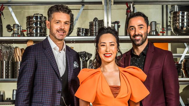 Jock Zonfrillo (left), Melissa Leong and Andy Allen when they joined MasterChef in 2020. Picture: Jake Nowakowski