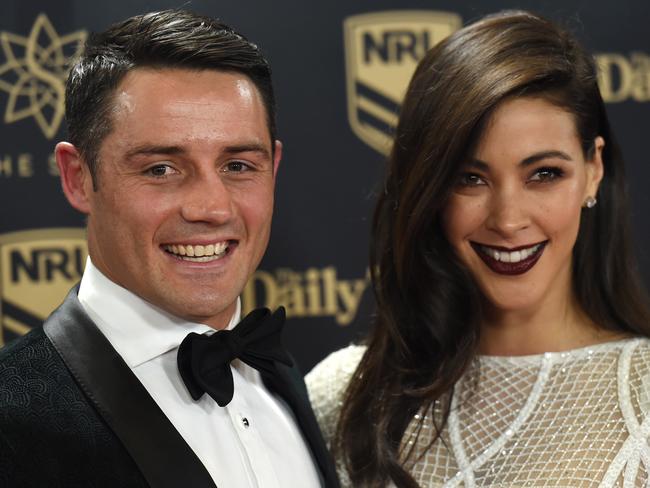 Melbourne Storm NRL player Cooper Cronk and Tara Rushton arrive for the Dally M Awards in Sydney on Wednesday, Sept. 28, 2016. The awards are named in honour of former Australian Rugby League great Herbert Henry ÒDallyÓ Messenger, and were introduced in 1980. (AAP Image/Paul Miller) NO ARCHIVING