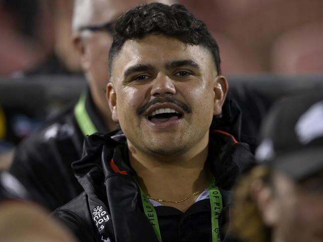 Rabbitohs star Latrell Mitchell in the stands watching his teammates during their loss to Penrith. Credit: NRL Images.