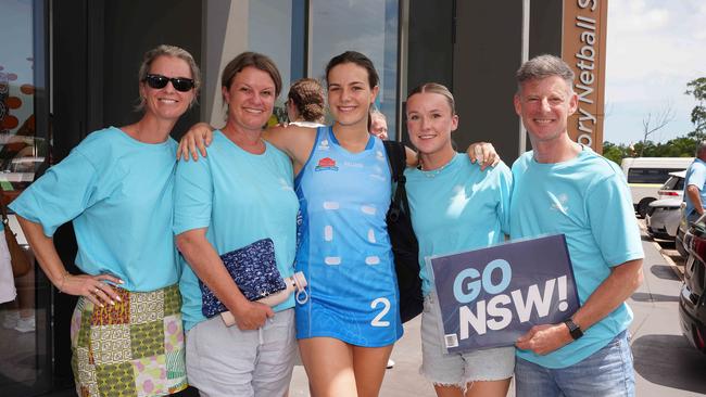 NSW player Grace Whyte with Jane Cole, Anna Whyte, Alex Cole &amp; Steven Walker at the 2023 National Netball Championships. Picture: Pema Tamang Pakhrin