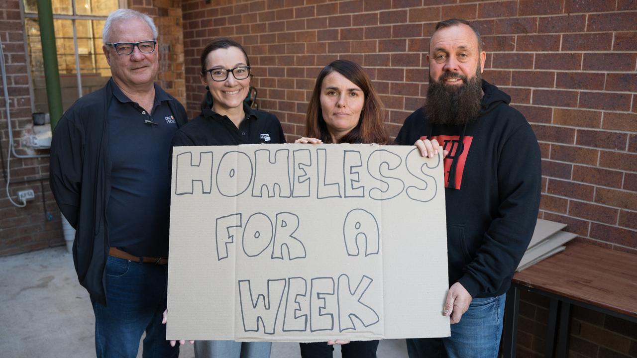 Cr Gary Gardner, Louise Hamilton, Tiff and Nat Sparry as BASE Services launches fundraising campaign Homeless for a Week 2024. Picture: Christine Schindler