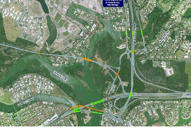 SCALED BACK: The revised plan for the proposed Mooloolah River interchange without the CAMCOS rail link and (below) the 2008 plan with the CAMCOS rail link.