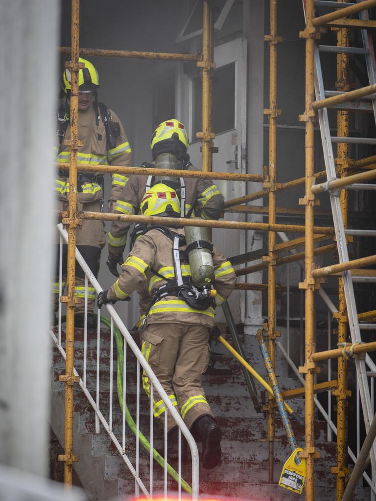 TFS at the scene of a structure fire in Goulburn Street, Hobart. Picture: Chris Kidd