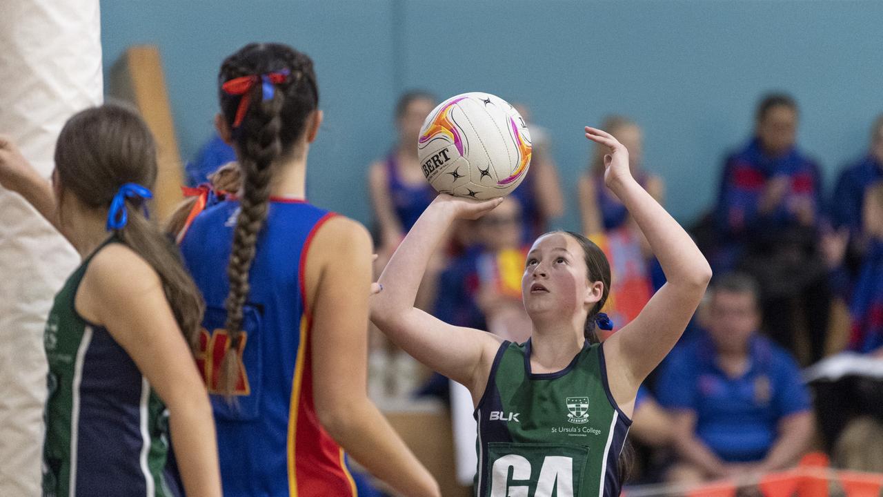 Abbey James of St Ursula's Junior Development against Downlands Junior C in Merici-Chevalier Cup netball at Salo Centre, Friday, July 19, 2024. Picture: Kevin Farmer