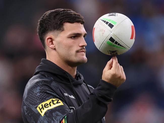SYDNEY, AUSTRALIA - MARCH 28:  Injured Panthers player Nathan Cleary looks on before the round four NRL match between Sydney Roosters and Penrith Panthers at Allianz Stadium on March 28, 2024, in Sydney, Australia. (Photo by Cameron Spencer/Getty Images)